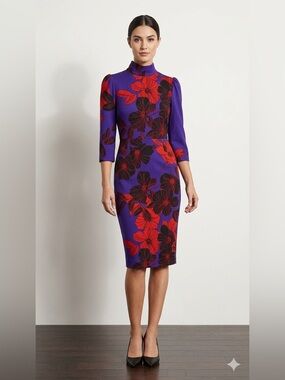 Liz Claiborne Purple Midi Dress with Red & Black Floral Print